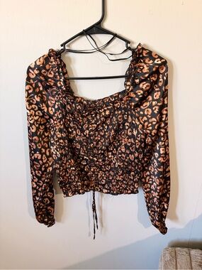 Zara Black and Copper Animal Print Smocked Long-Sleeve Top